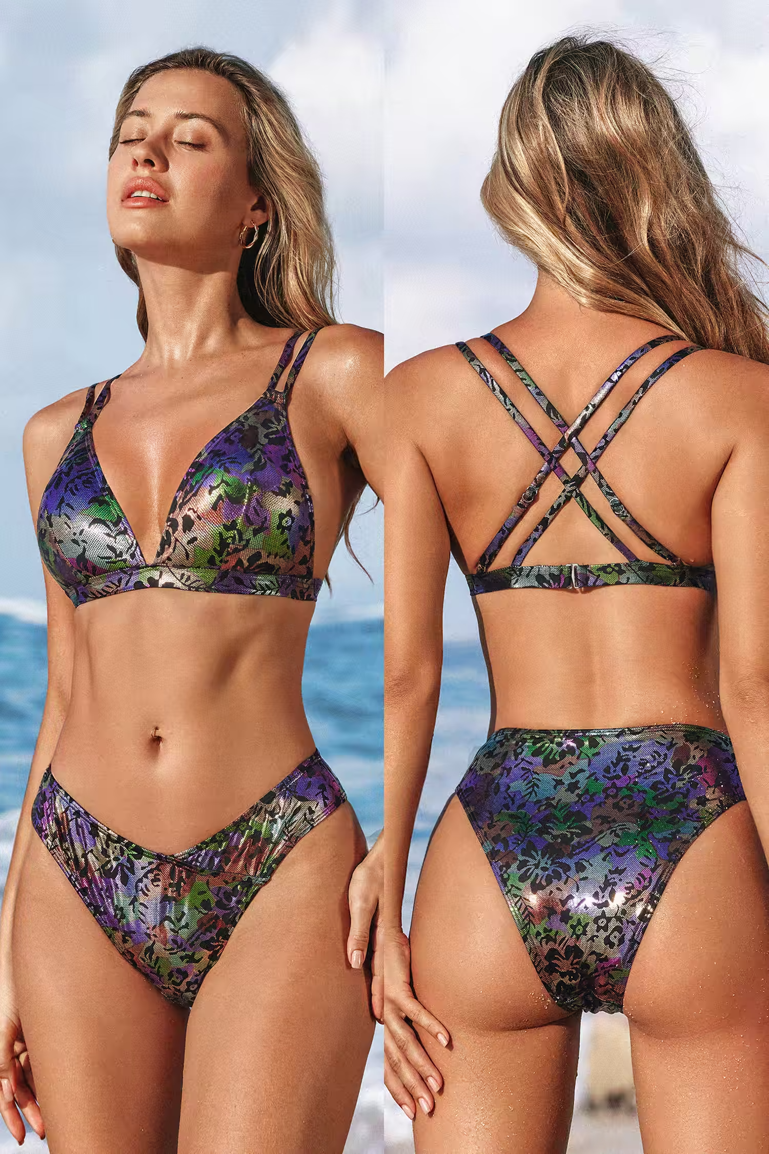 BAE Floral Print Metallic Bikini Top & V-Front Low-Rise Bottoms Set