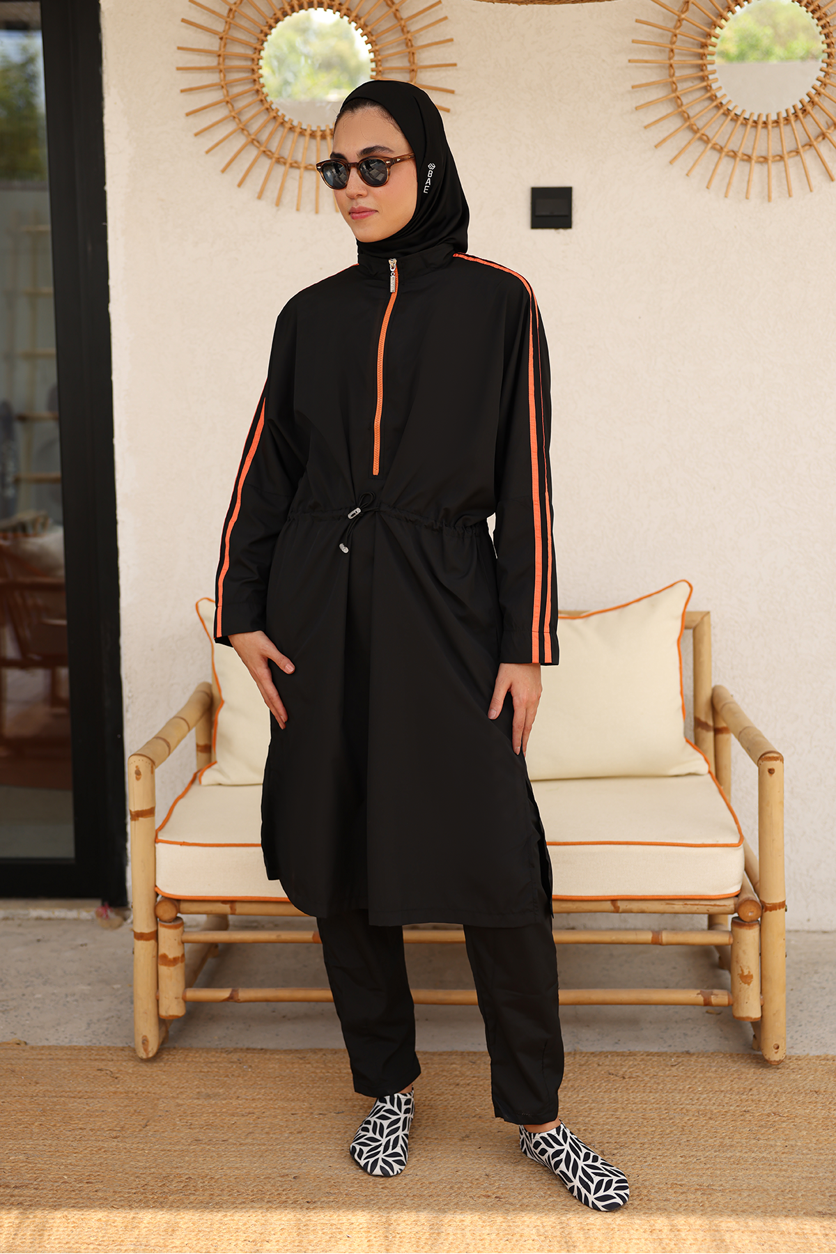 Hayaa+ Black with Orange Stripes Knee-Length Burkini