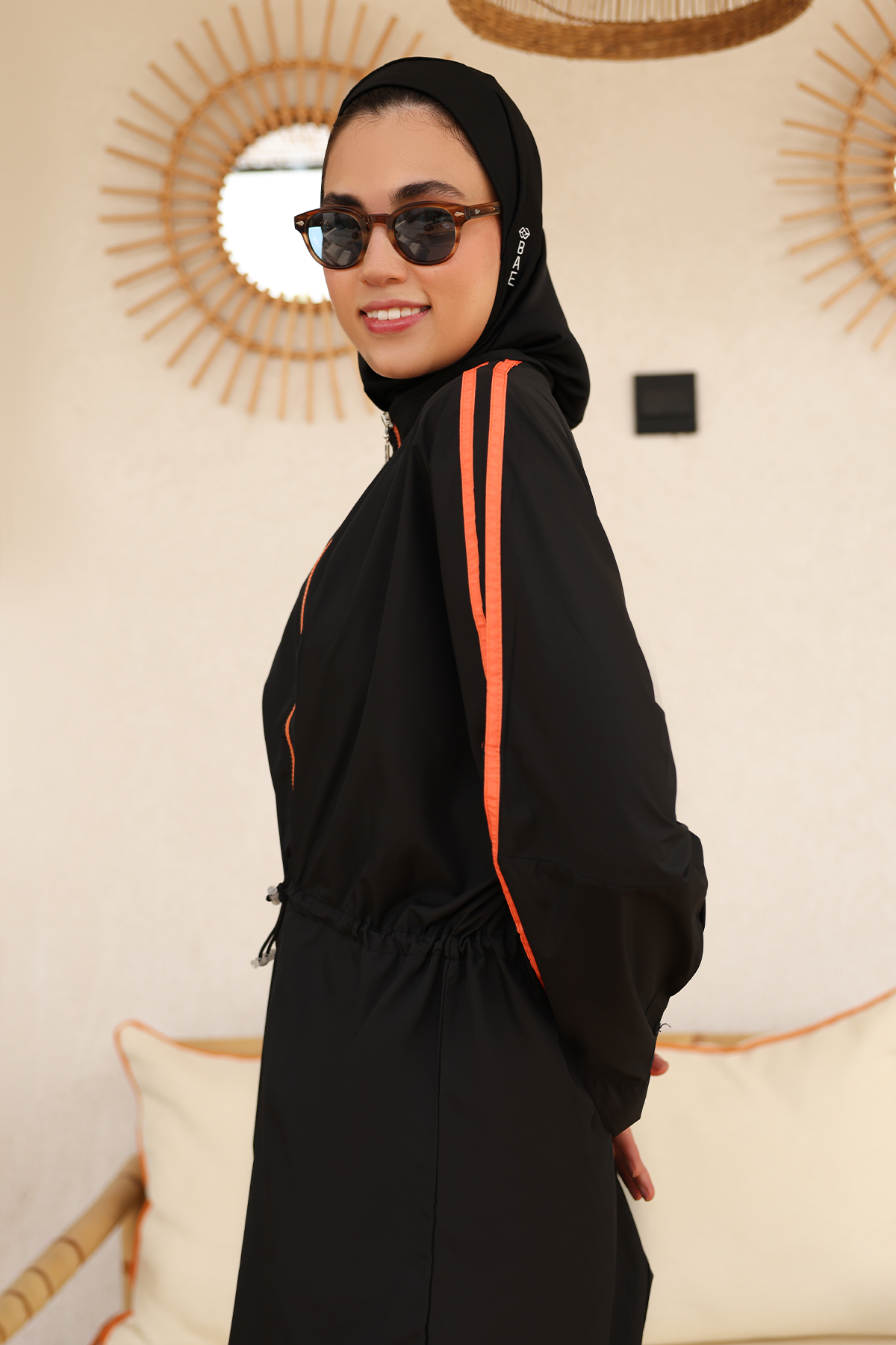 Hayaa+ Black with Orange Stripes Knee-Length Burkini