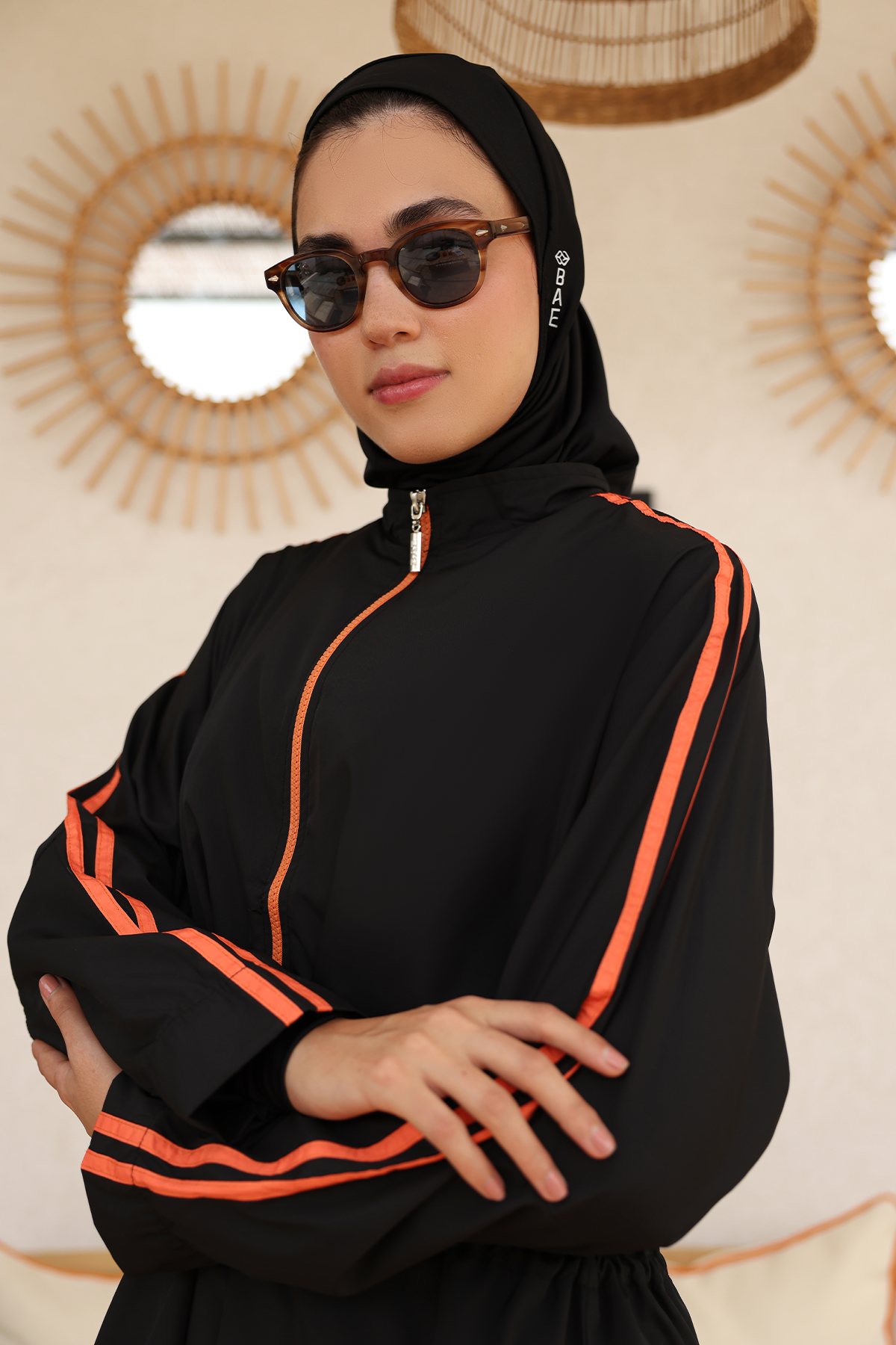 Hayaa+ Black with Orange Stripes Knee-Length Burkini