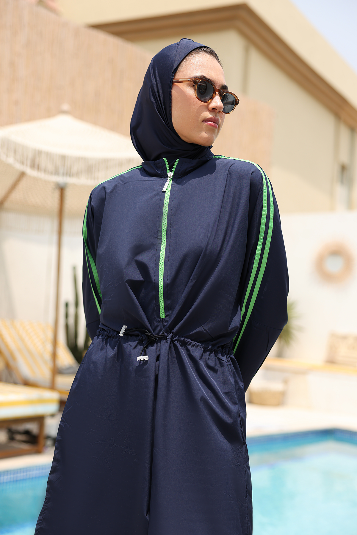 Hayaa+ Blue with Green Stripes Knee-Length Burkini