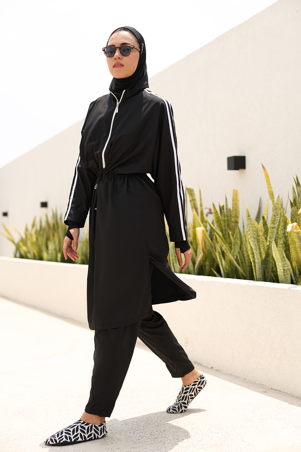 Hayaa+ Black with White Stripes Knee-Length Burkini