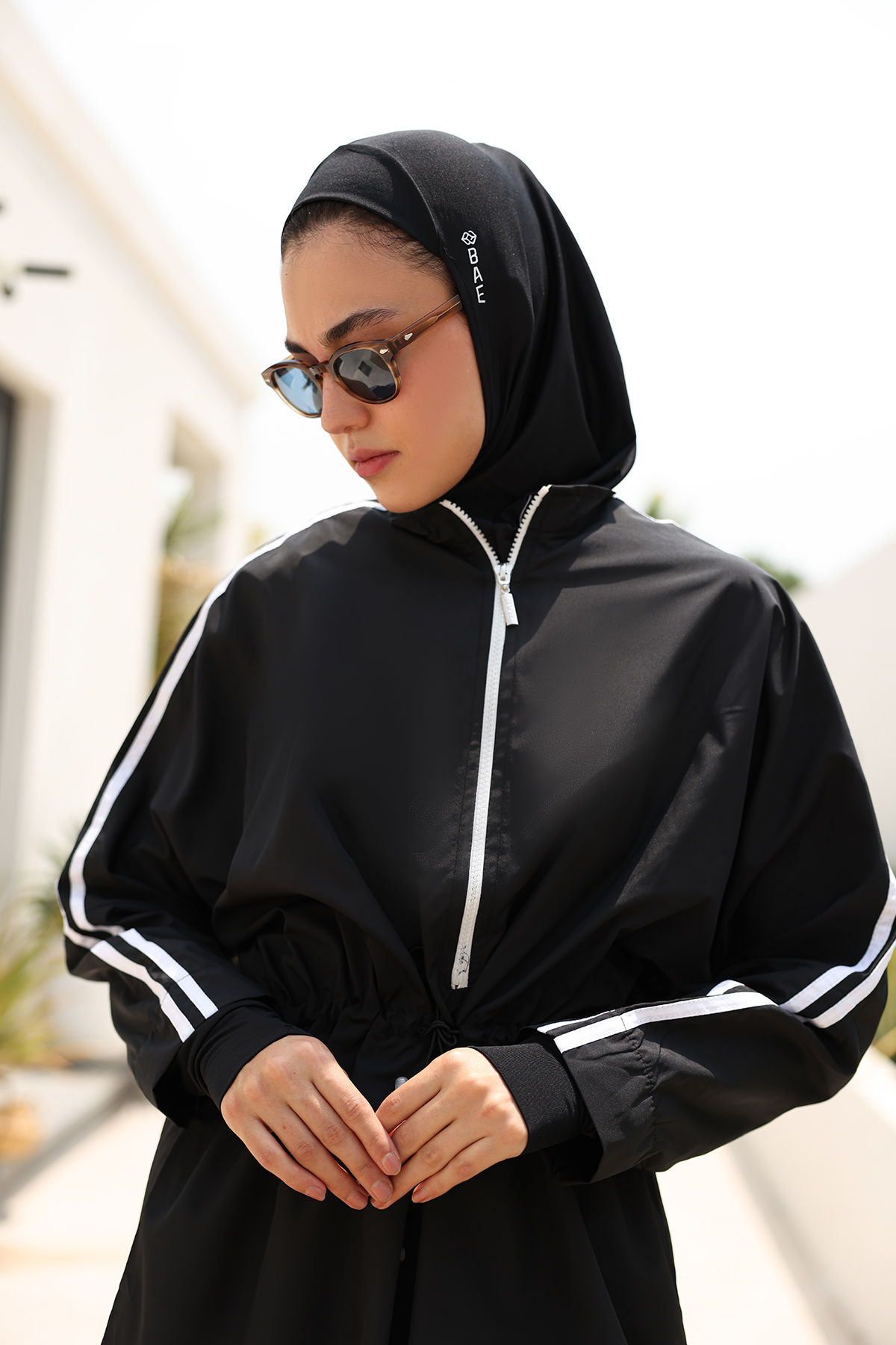 Hayaa+ Black with White Stripes Knee-Length Burkini
