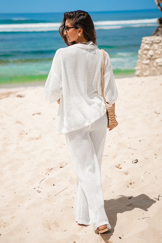 BAE White Collared Button-Up Crochet Top & Pants Set