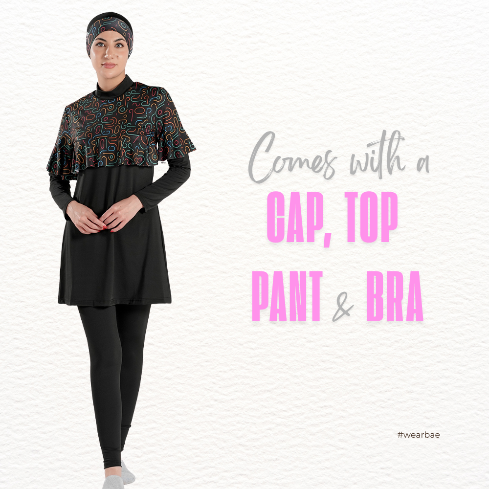 Four-piece BAE Modest printed long sleeve burkini set with ruffled pleats, flexible modest active swimwear for women.