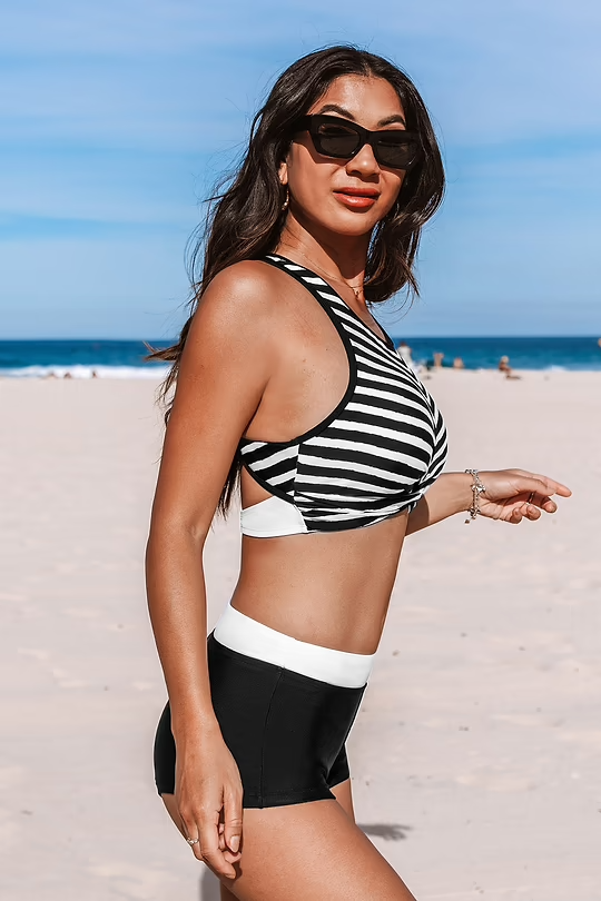 BAE Striped High Neck Bikini Top & Boy Shorts Set