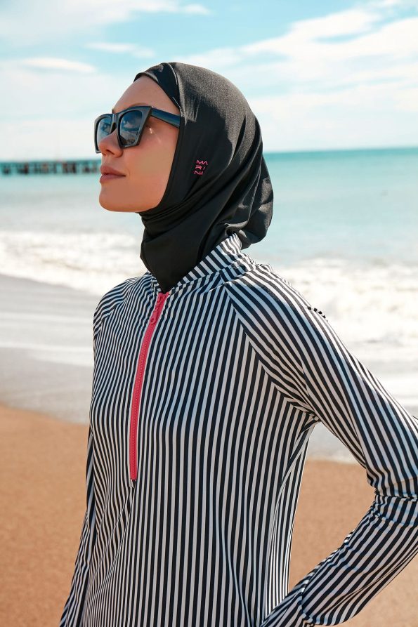 White & Black Stripes 4-Piece Lycra Full-Coverage Modest Swimwear