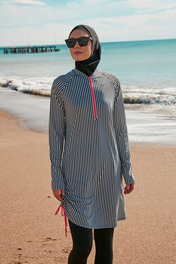 White & Black Stripes 4-Piece Lycra Full-Coverage Modest Swimwear