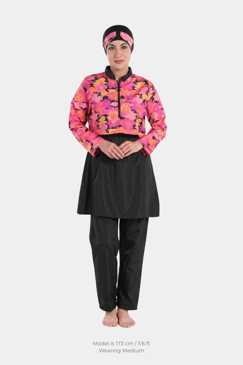 Waterproof BAE Modest Floral Bloom 3-piece modest swimwear set with floral pattern, full coverage tops and bottoms, suitable for swimming.