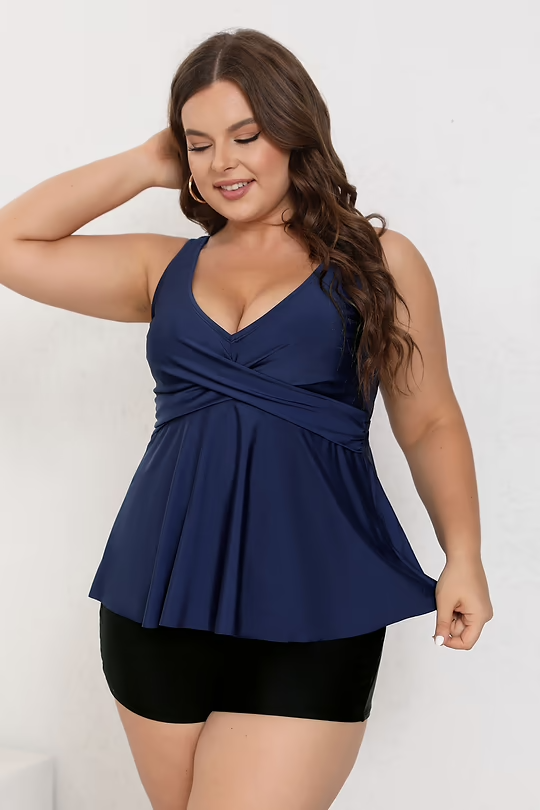 BAE Blue Wrapped Tankini Top & Black High-Rise Boy Shorts Set