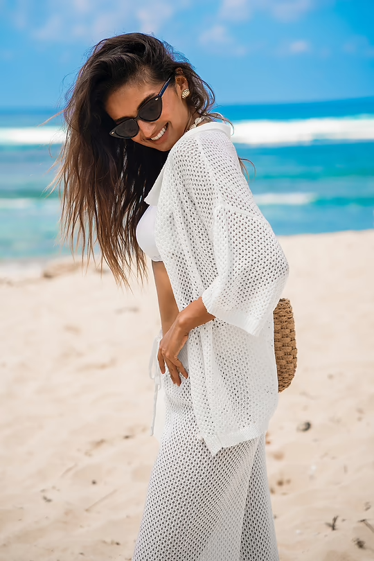 BAE White Collared Button-Up Crochet Top & Pants Set