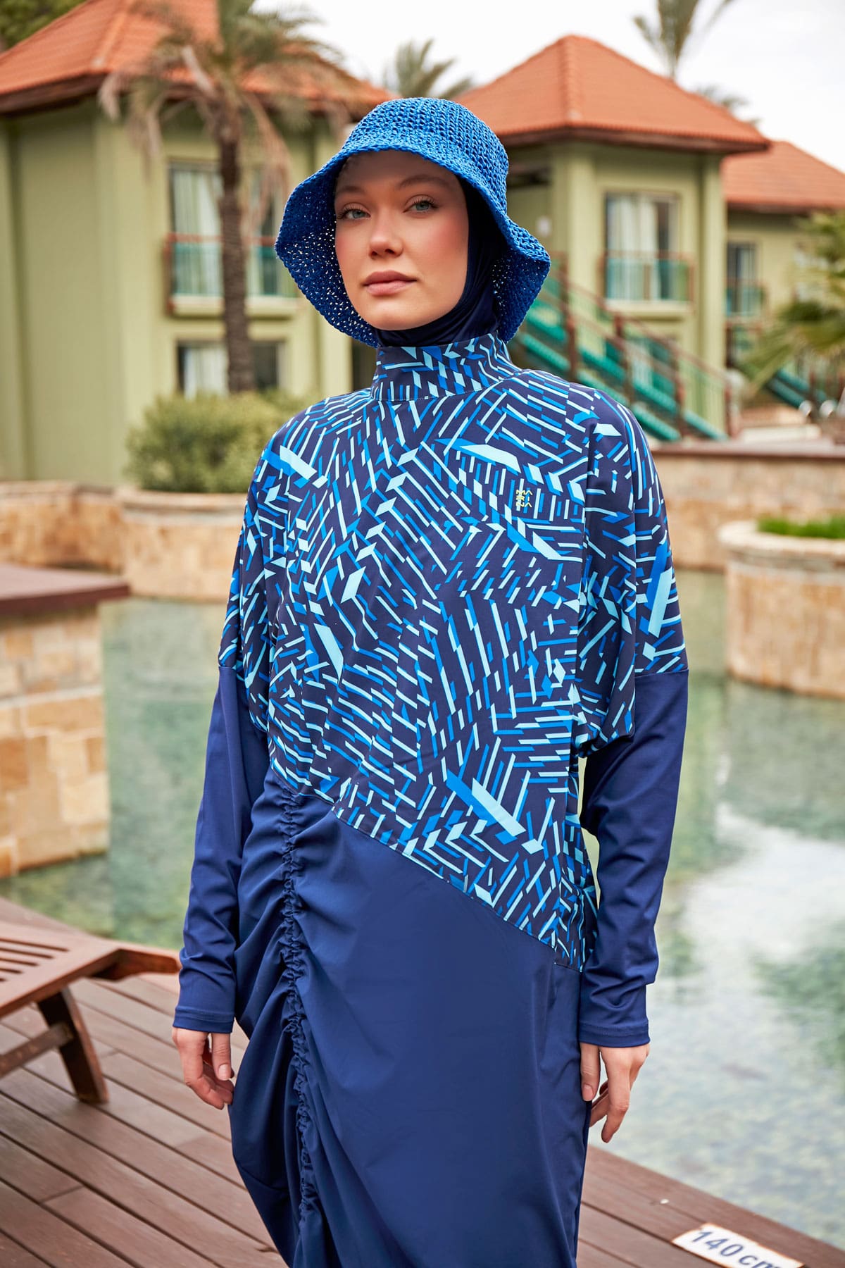 Printed Blue Woven 4-Piece Parachute Full-Coverage Modest Swimwear