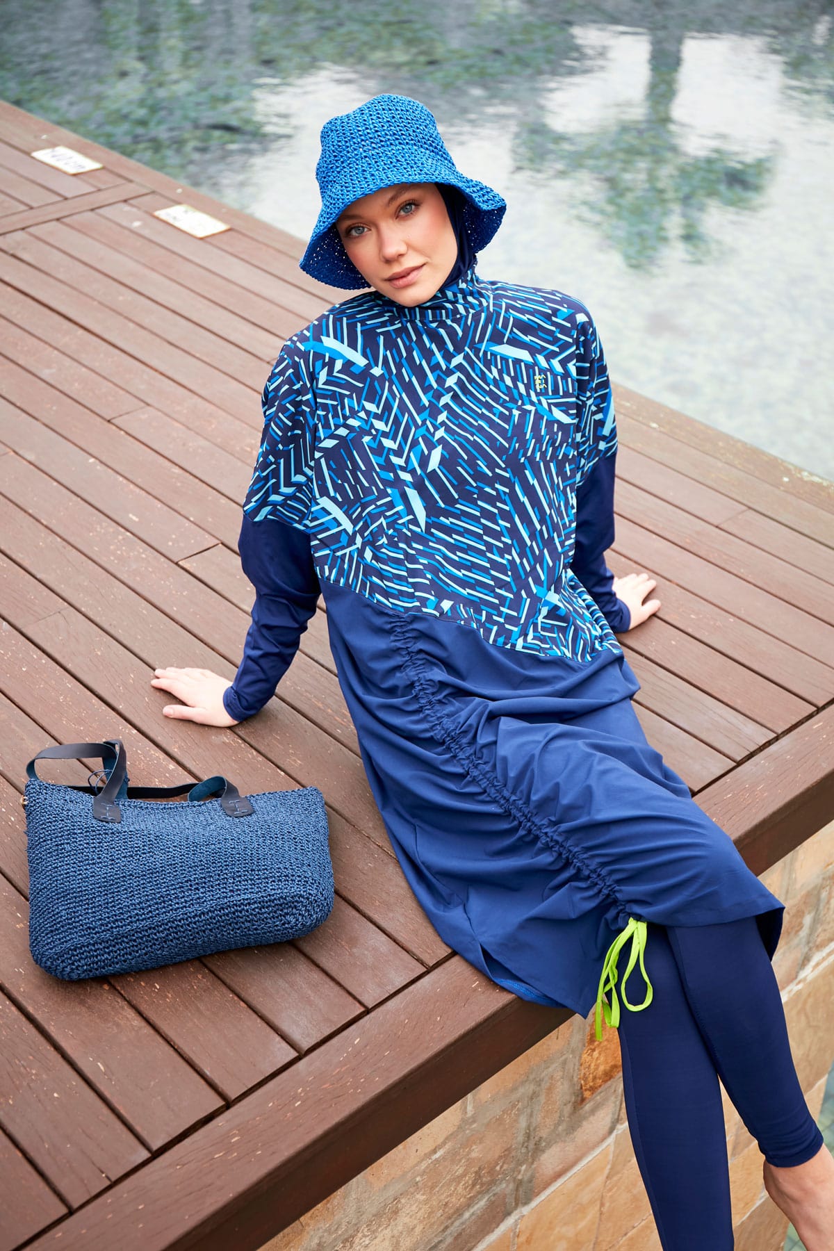 Printed Blue Woven 4-Piece Parachute Full-Coverage Modest Swimwear