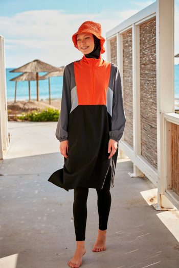 Orange & Black Woven 4-Piece Parachute Full-Coverage Modest Swimwear