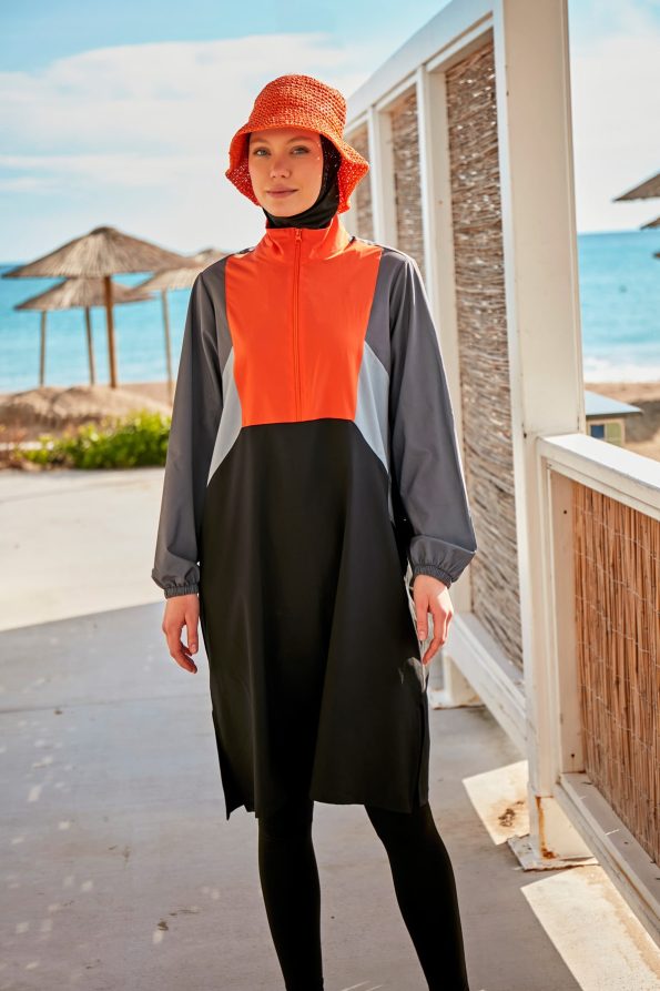 Orange & Black Woven 4-Piece Parachute Full-Coverage Modest Swimwear