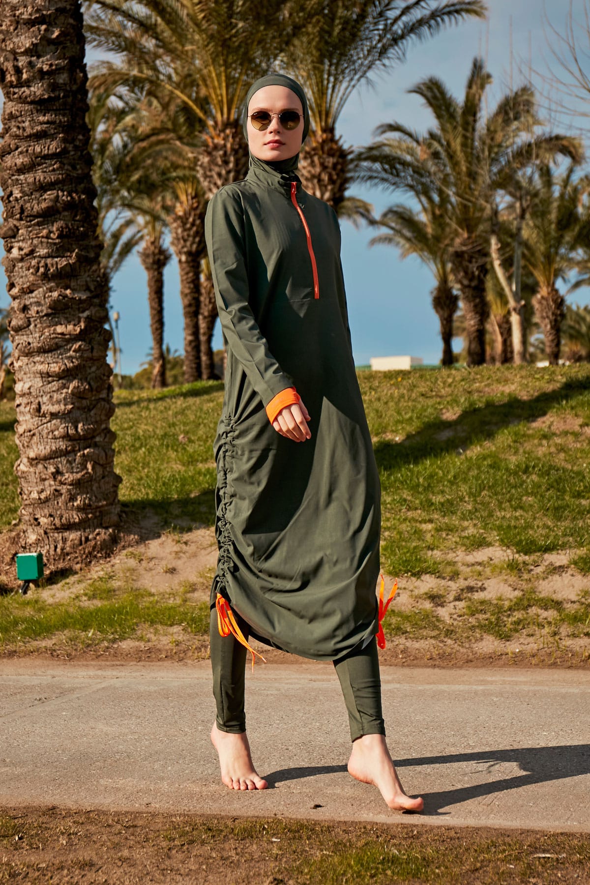 Green & Orange 4-Piece Parachute Full-Coverage Modest Swimwear with Hijab