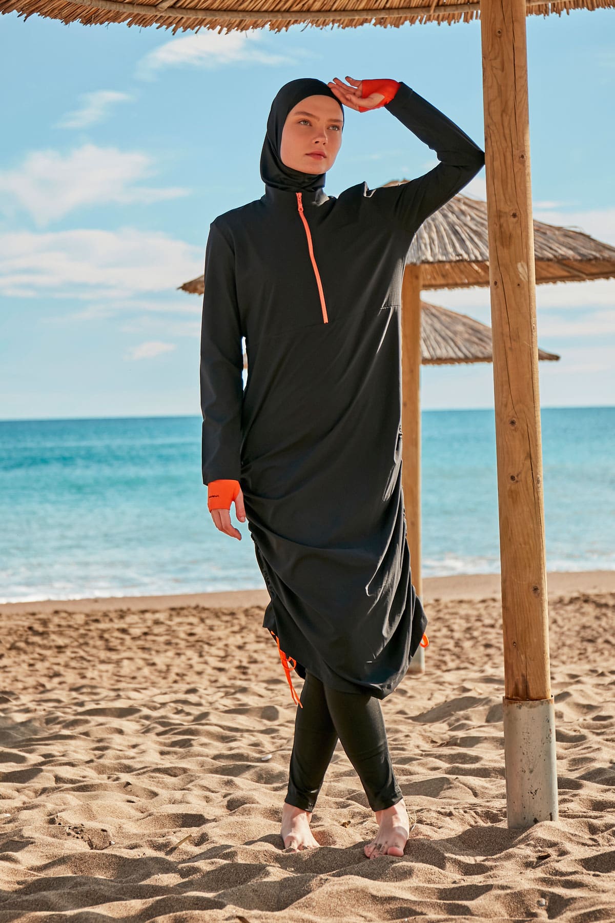 Black & Orange 4-Piece Parachute Full-Coverage Modest Swimwear with Hijab