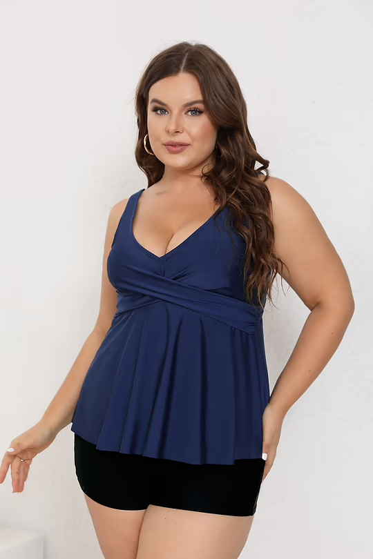 BAE Blue Wrapped Tankini Top & Black High-Rise Boy Shorts Set