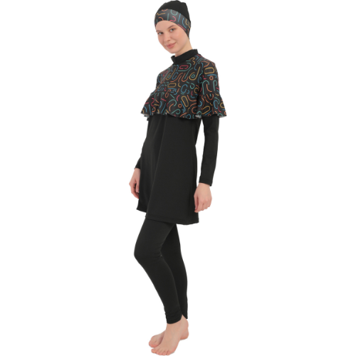 4-Piece Set Full Hijab Printed Design Long Sleeve Ruffled Pleated Flexible Burkini M-2XL