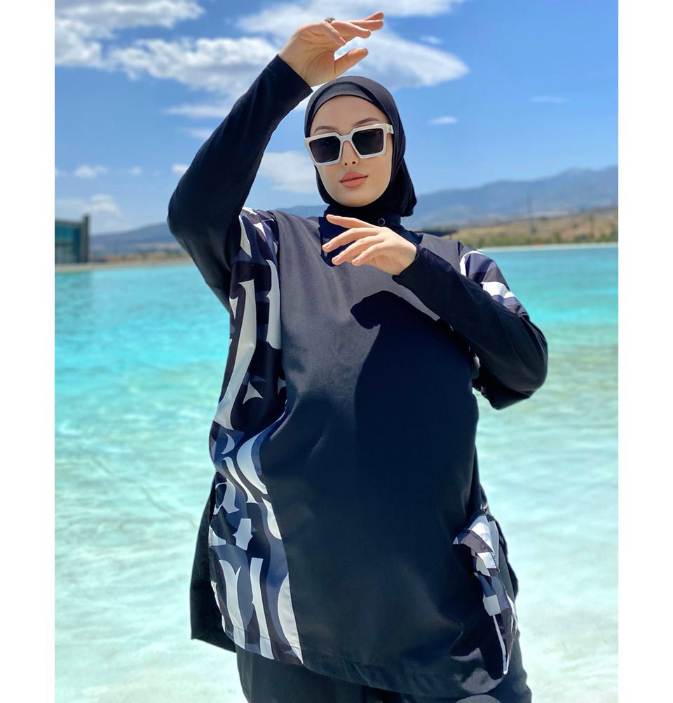 Black Abstract 4-Piece Parachute Full-Coverage Modest Swimwear with Hijab