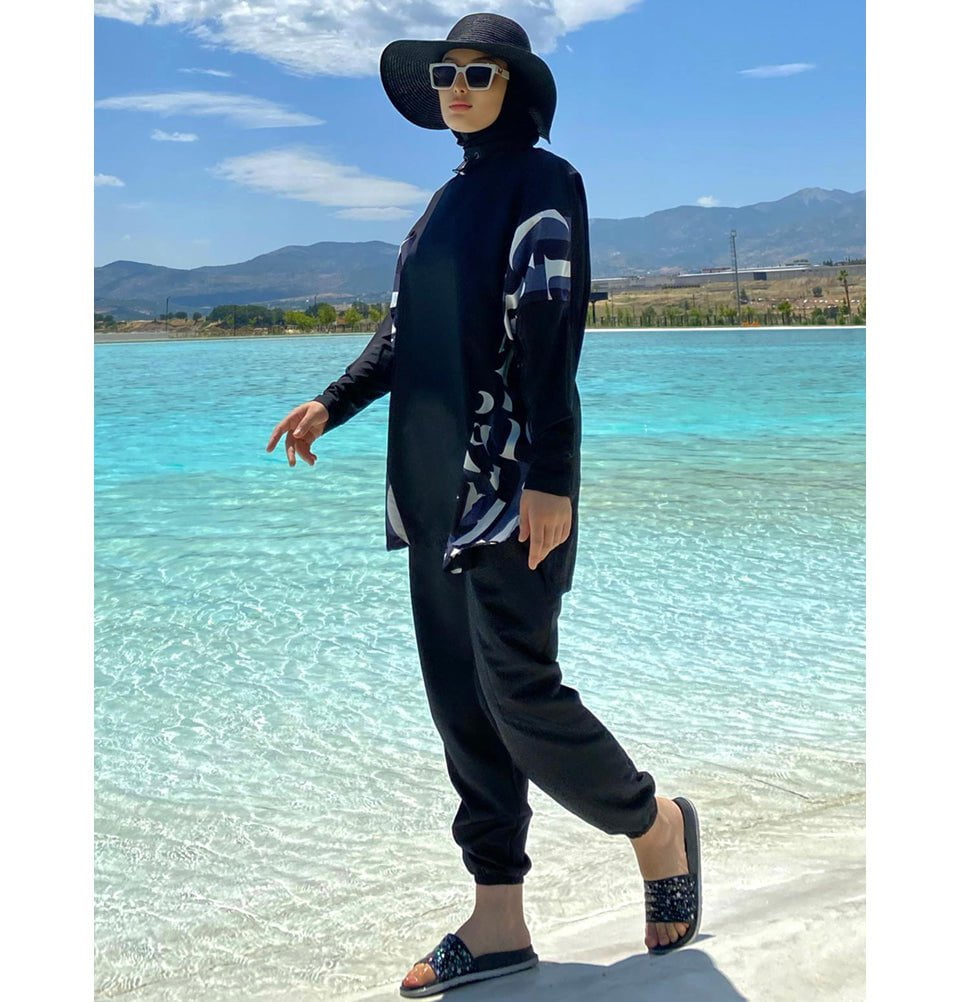 Black Abstract 4-Piece Parachute Full-Coverage Modest Swimwear with Hijab