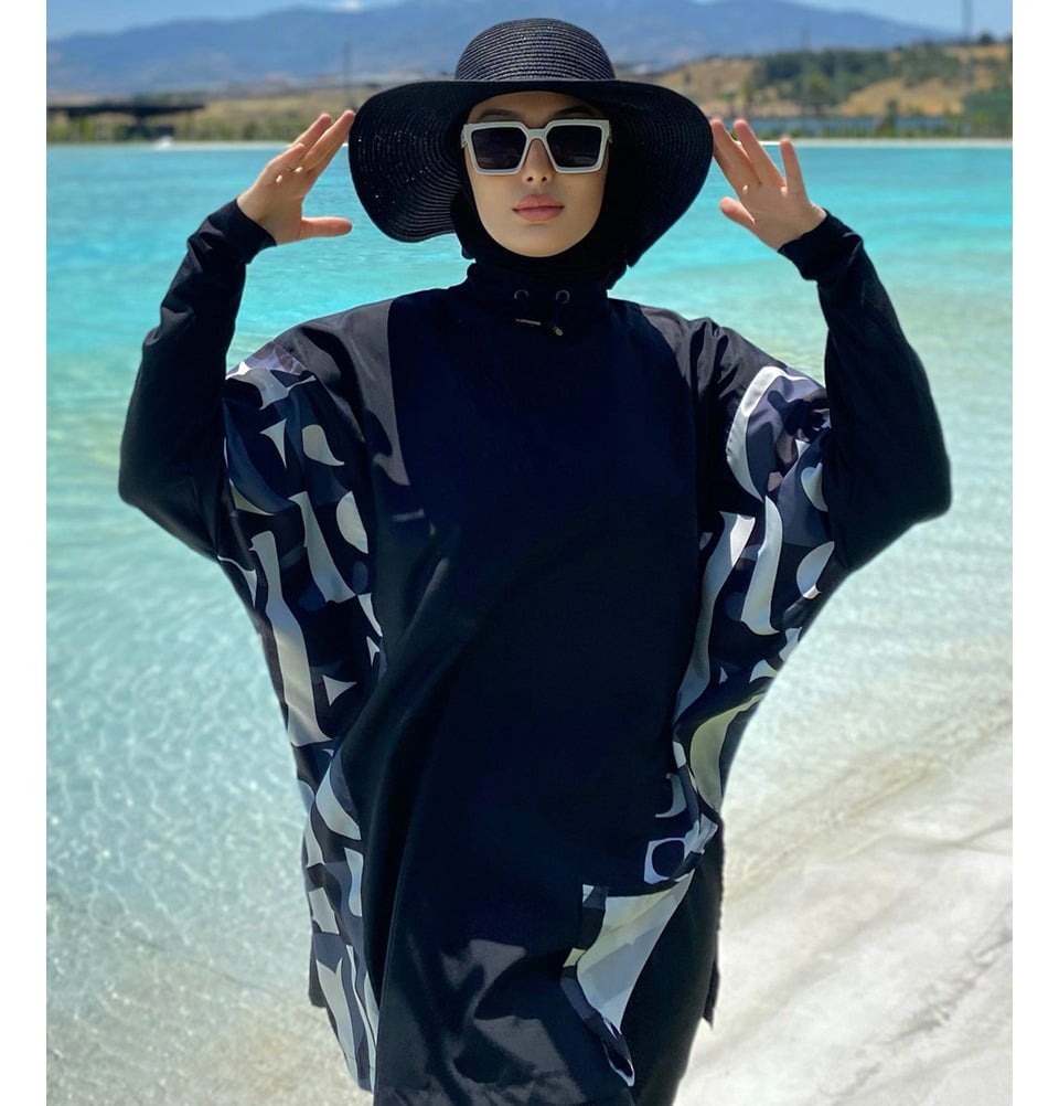 Black Abstract 4-Piece Parachute Full-Coverage Modest Swimwear with Hijab