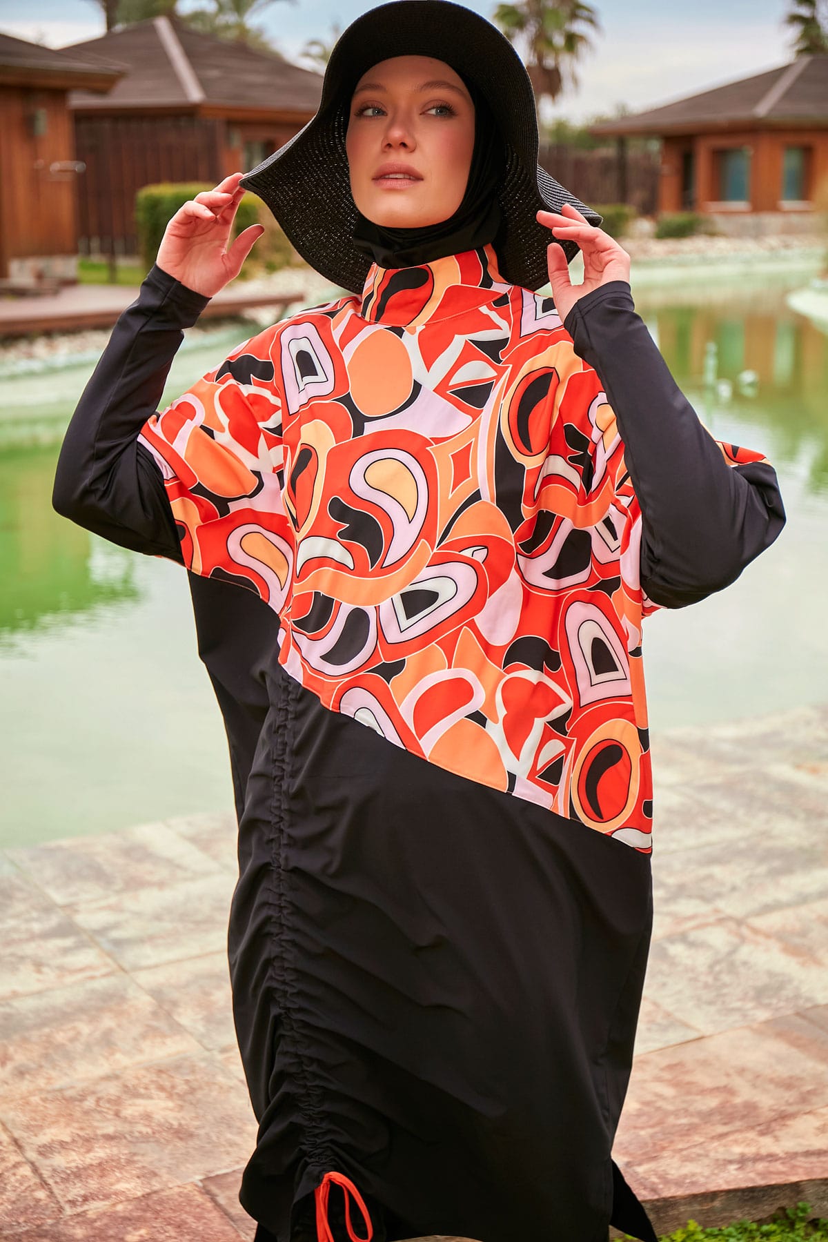 Orange & Black Abstract Parachute Burkini Swimwear with Hijab - BAE - Before Anything Else