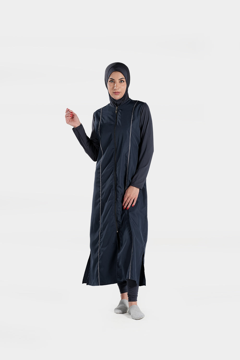 Extra long BAE Modest burkini Islamic swimwear with hijab, featuring full coverage and comfortable fabric for modest swimming.