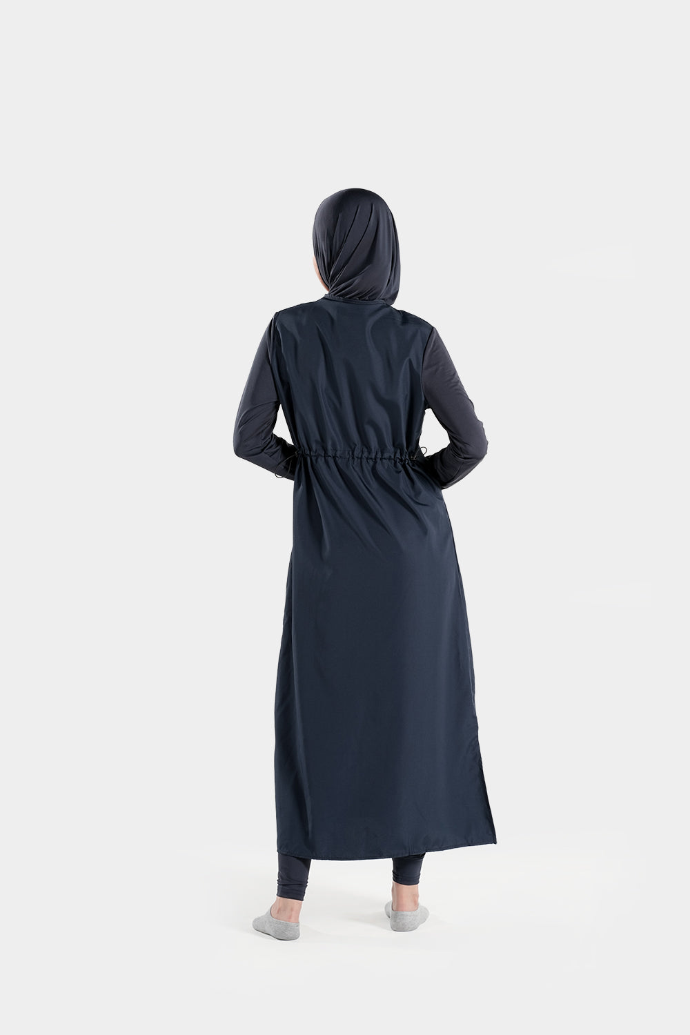 Extra long BAE Modest burkini with hijab, full-body Islamic swimwear in navy blue, designed for modesty and sun protection.