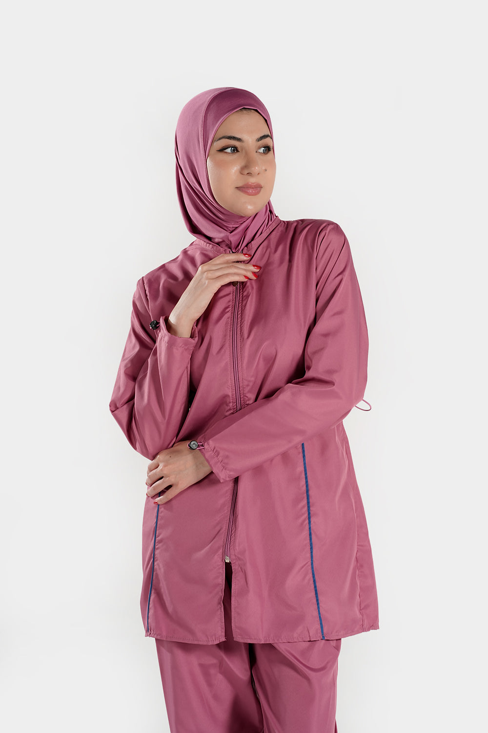 Modest BAE Modest burkini swimsuit with half-length sleeves and hijab, designed for full coverage and swimming comfort.