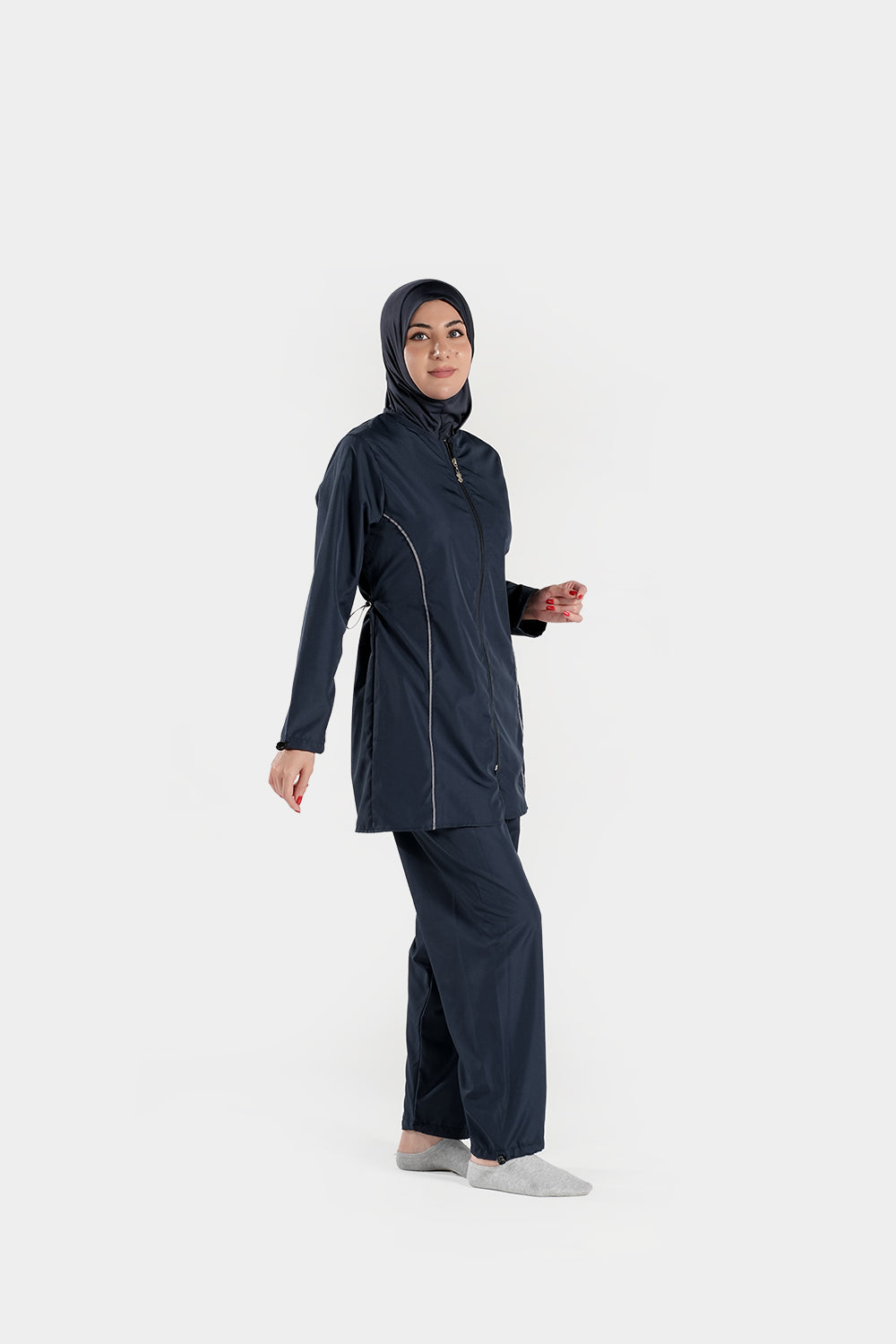 Modest BAE Modest burkini with full sleeves and hijab, featuring a half-length design for full coverage while swimming.