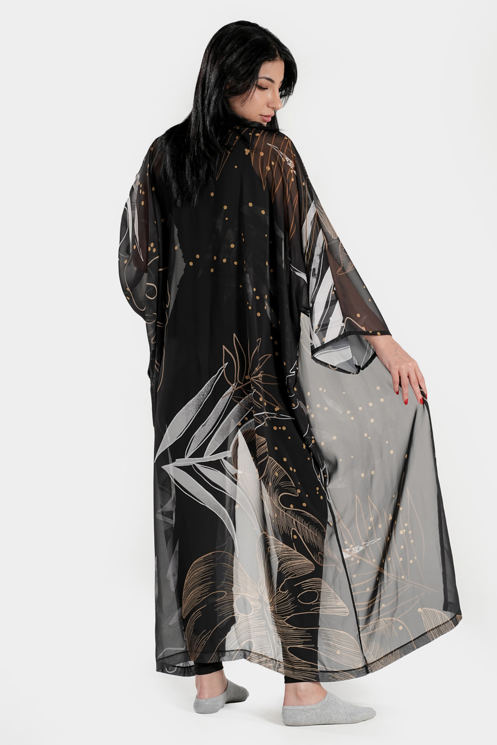 Black and white coral kimono cover-up by BAE Modest, featuring flowing fabric and intricate coral print design.