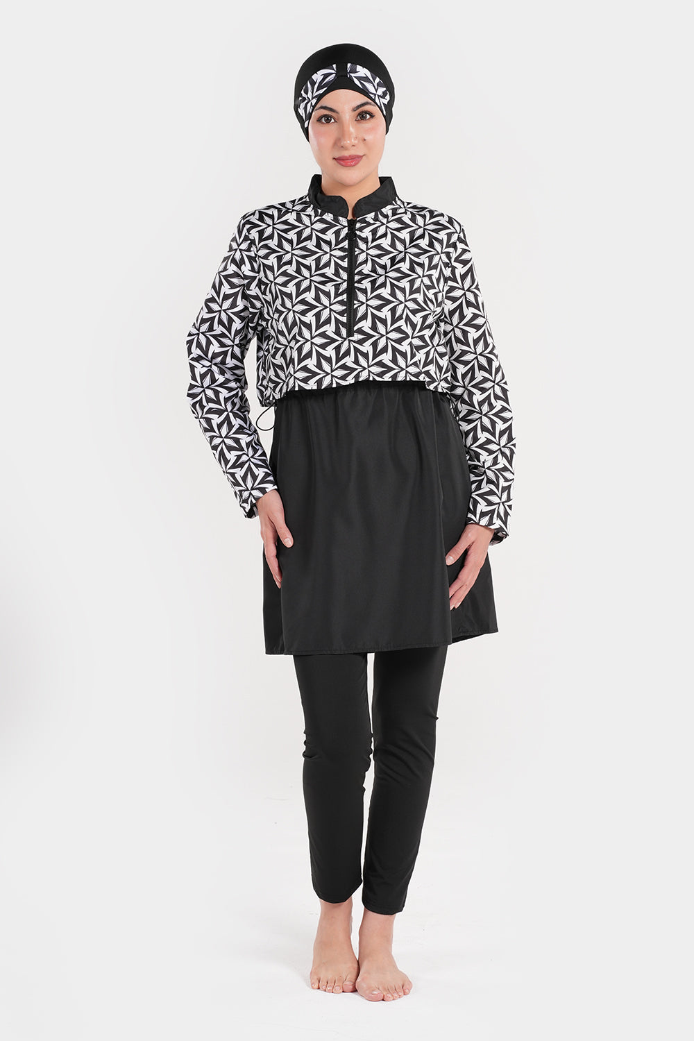 Women’s modest swimwear set with printed top from BAE Modest, featuring a comfortable full-coverage swimsuit and stylish design.