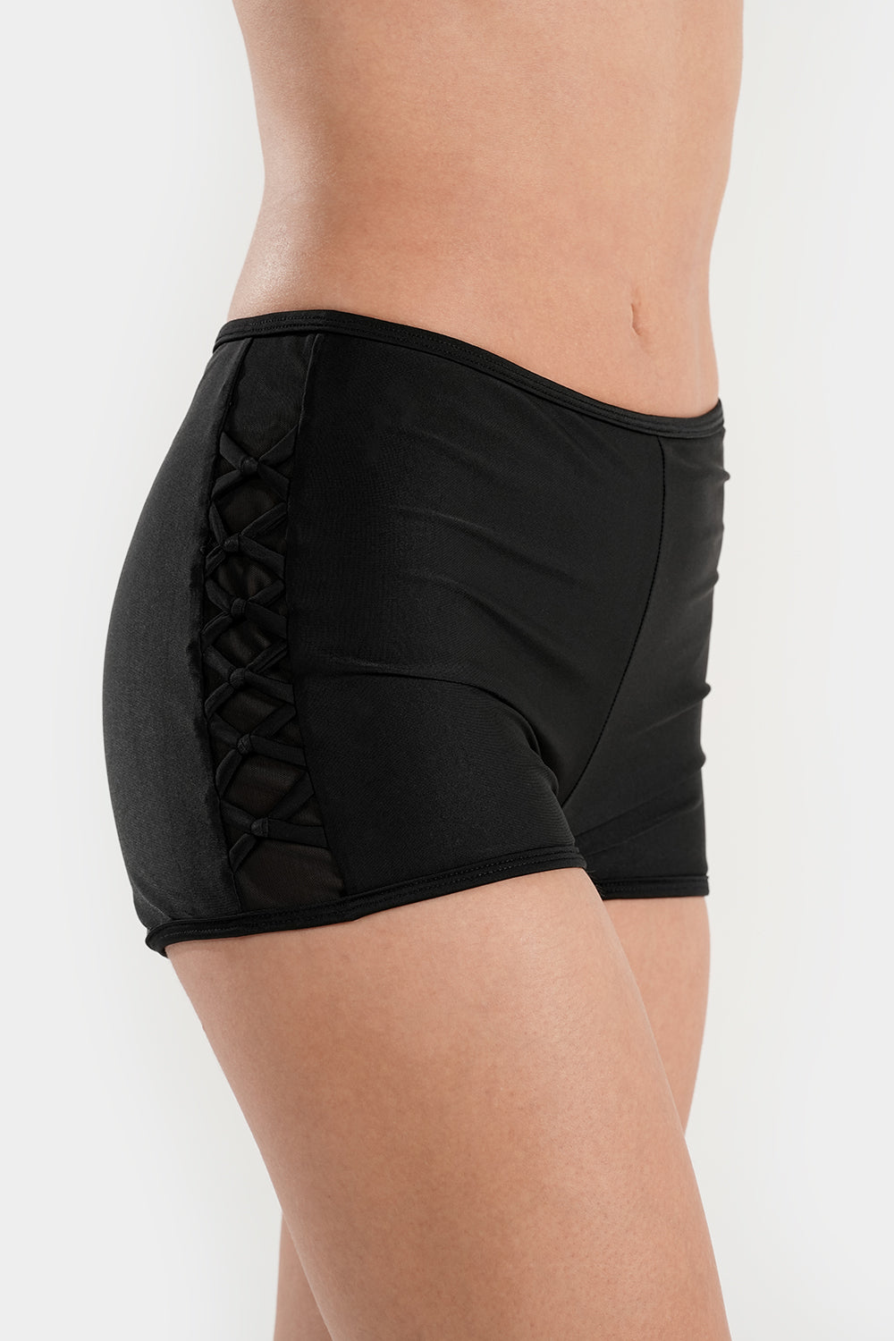 Women’s high-waisted bikini set with lattice mesh detail and sporty shorts by BAE Modest, featuring a stylish two-piece swimwear design.