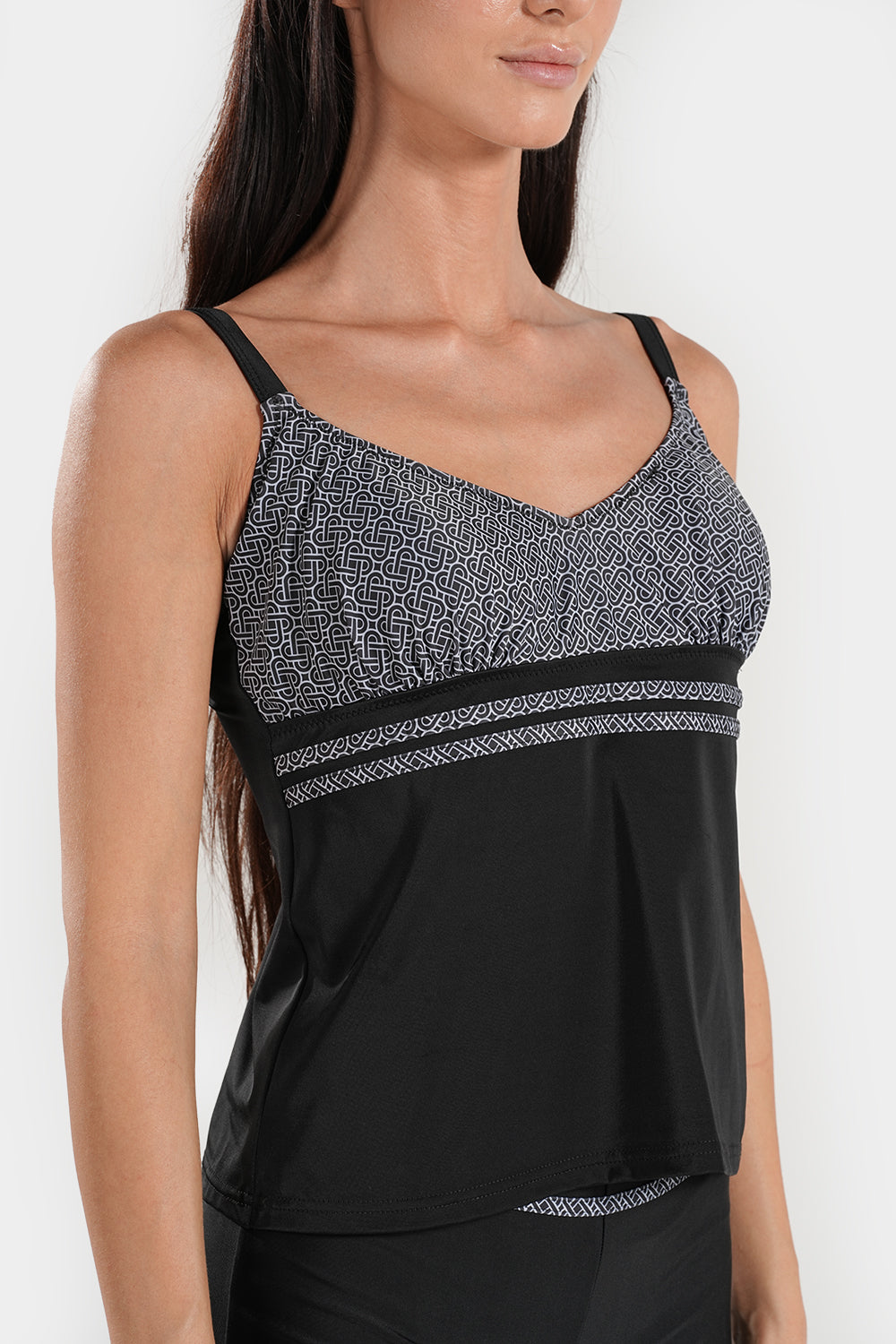 Full coverage BAE Modest tankini with high-waisted shorts, featuring a supportive, modest active swimwear design.