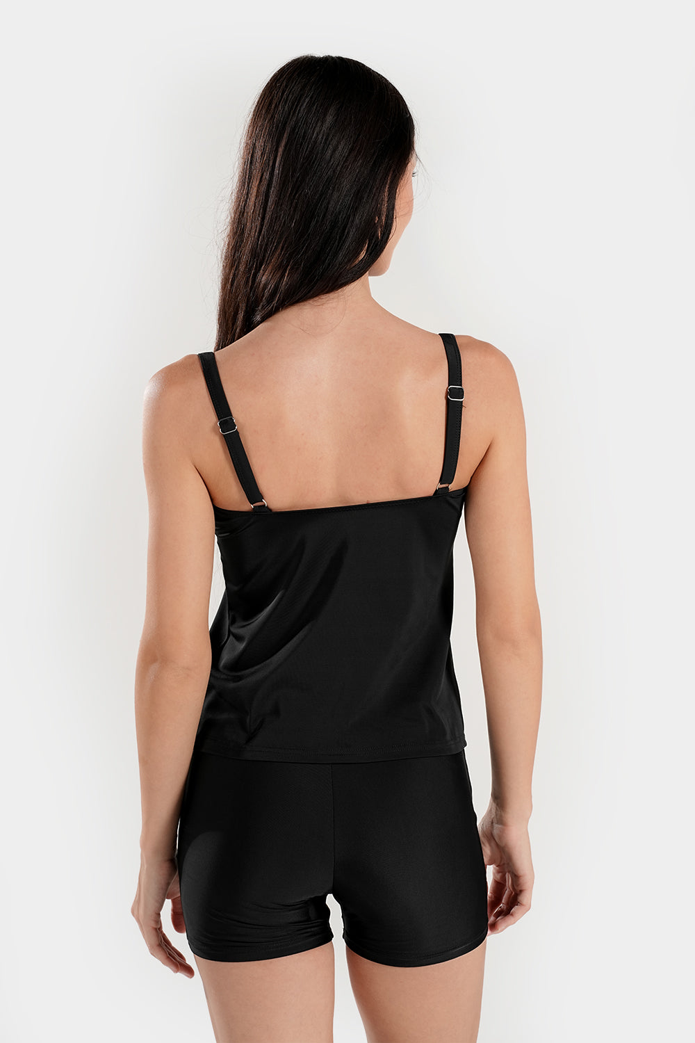 Full coverage BAE Modest tankini with high-waisted shorts, designed for active swimwear, featuring a supportive, modest bikini set.
