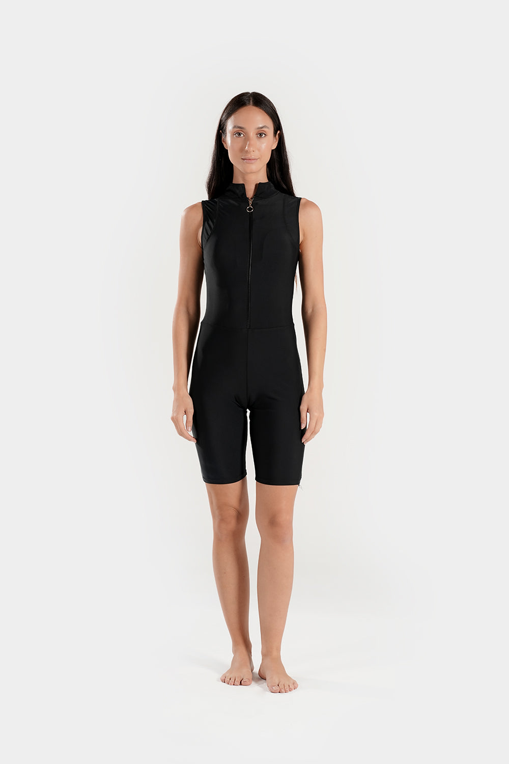 Women’s knee-length sleeveless swimsuit by BAE Modest, featuring a stylish, full-coverage design, perfect for swimming and beach outings.