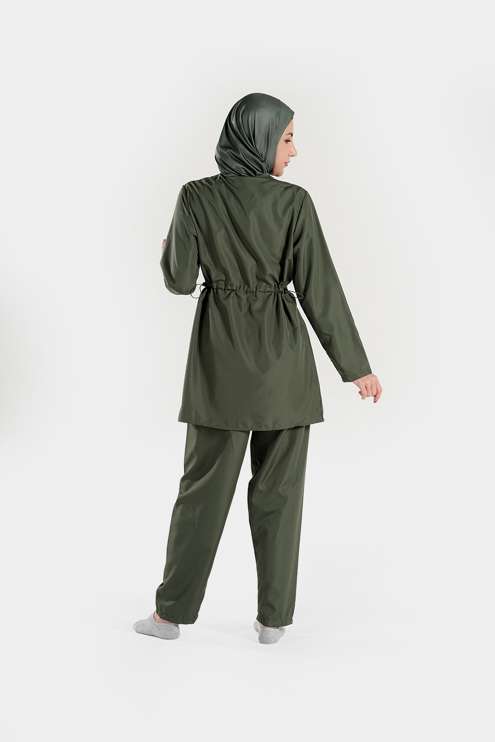 BAE Modest women’s mid-length full sleeves solid color burkini with hijab for modest swimwear, shown in navy blue.