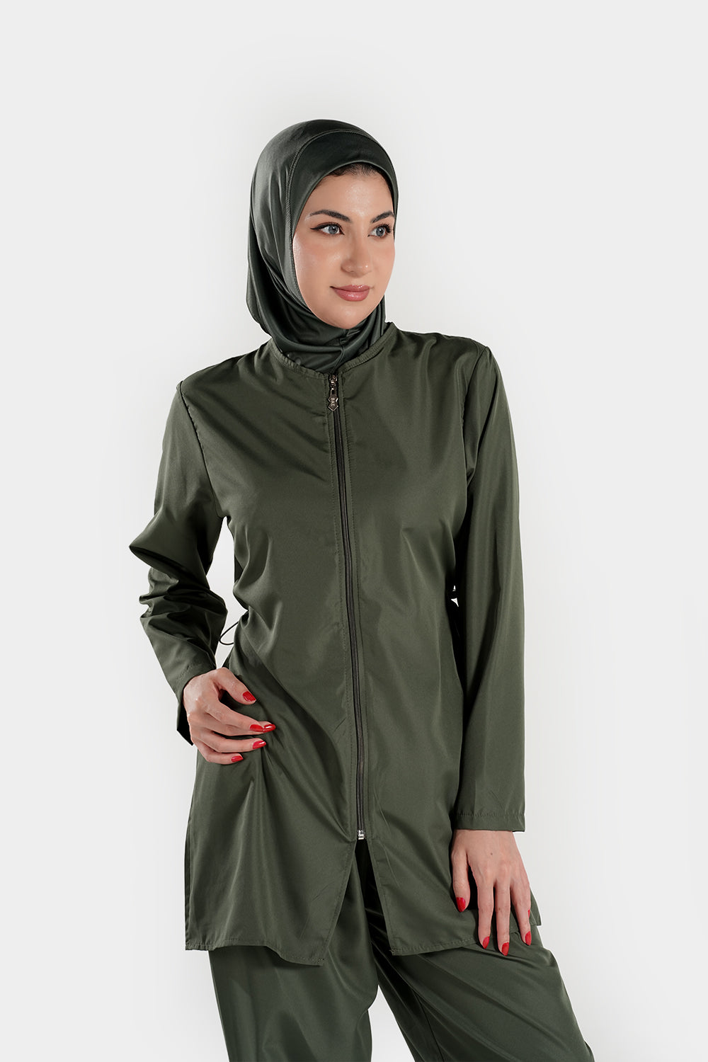 BAE Modest women's mid-length burkini with full sleeves and hijab in solid color, designed for modest swimwear.