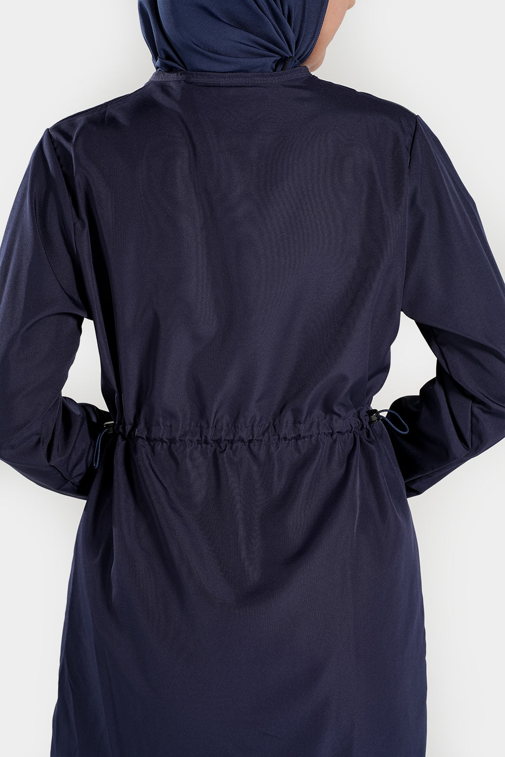 BAE Modest women's mid-length full sleeves solid color burkini with hijab for modest swimwear, shown in navy blue.