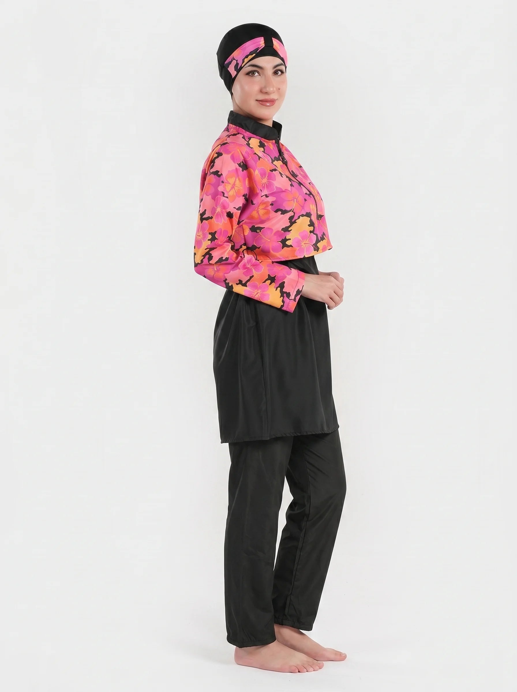 Floral Bloom BAE Modest waterproof swimwear set with a 3-piece modest swim suit featuring floral patterns and full coverage.