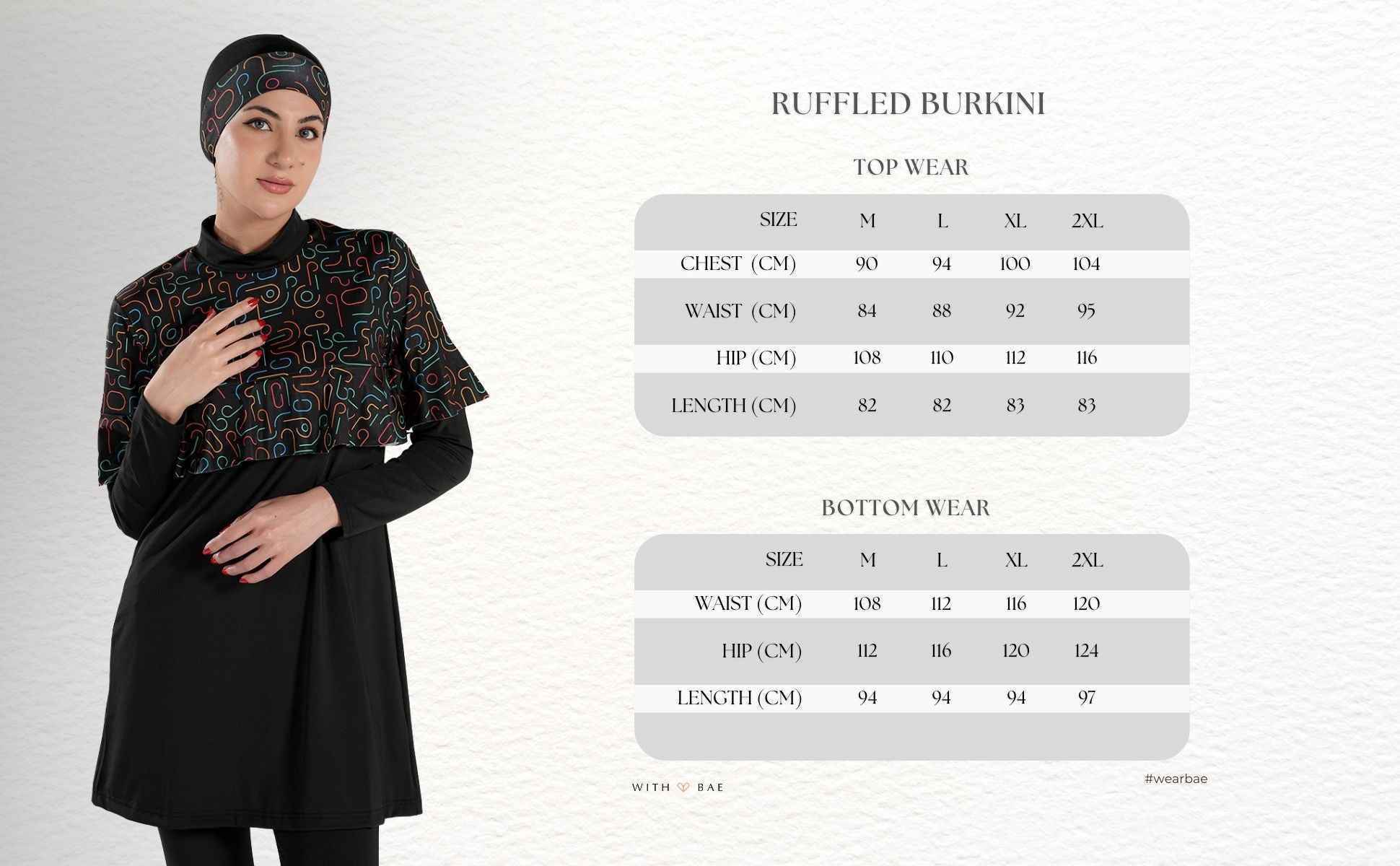 Geometric printed design BAE Modest burkini with long sleeves, ruffles, pleats, and flexible modest active swimwear.