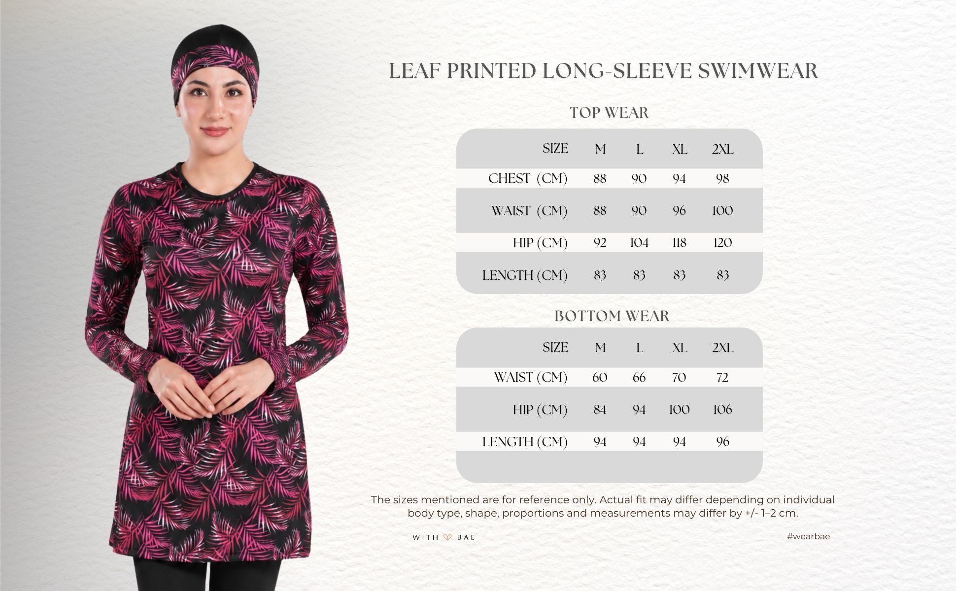 Women's leaf print long-sleeve lycra swimwear by BAE Modest, showing a stylish swim top with leafy pattern and long sleeves.