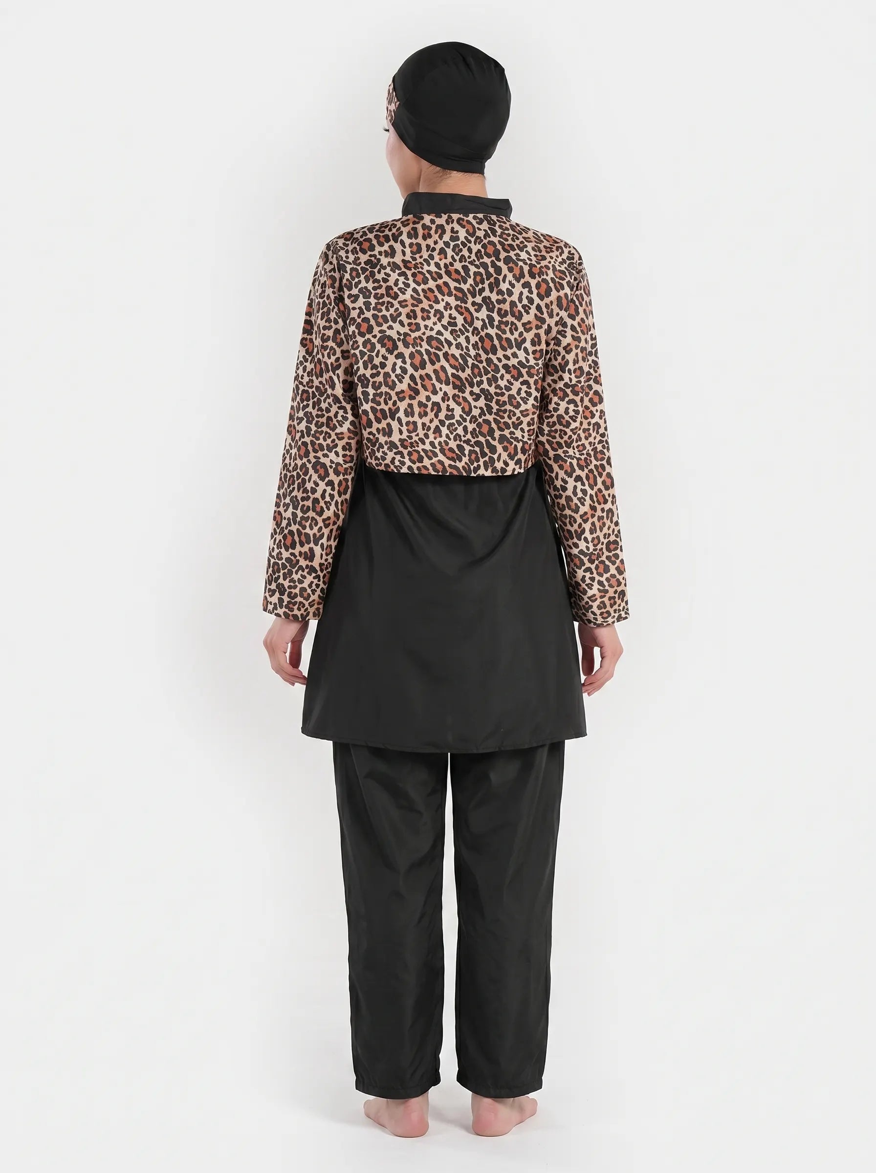 Leopard print BAE Modest waterproof 3-piece swimwear set featuring a modest swimsuit with matching cover-up and swim leggings.