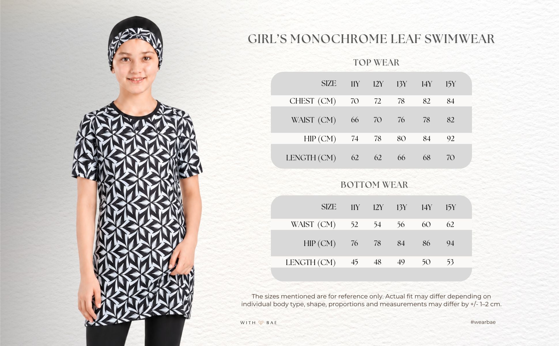 Girls' monochrome leaf print Lycra swimwear by BAE Modest, featuring a stylish and modest design for young swimmers.