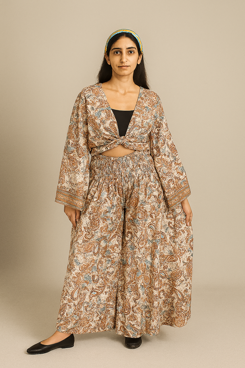 Beige Tropical Design Top & Bottom