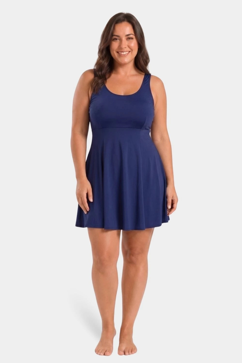Navy blue women's modest swim dress with built-in shorts by BAE Modest in size 3XL-6XL, designed for comfortable swimming.
