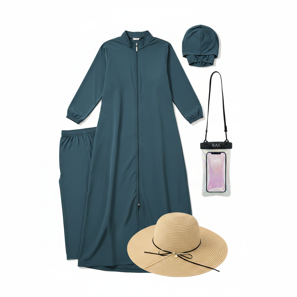 Luxury Beachgoer Set — Hayaa+ Teal Burkini, Swimming Hijab & Cap, Waterproof Pouch & Beach Hat