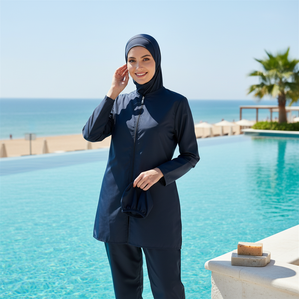 Modest Swim Essentials Bundle — Lifestyle image with burkini, swimming hijab & natural soap