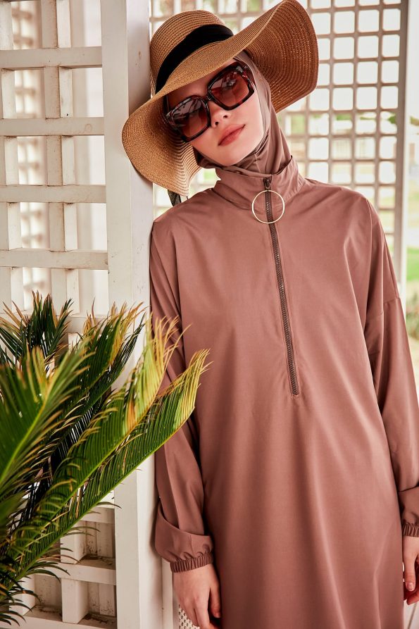 Beige Elegant Woven Full Burkini Swimwear